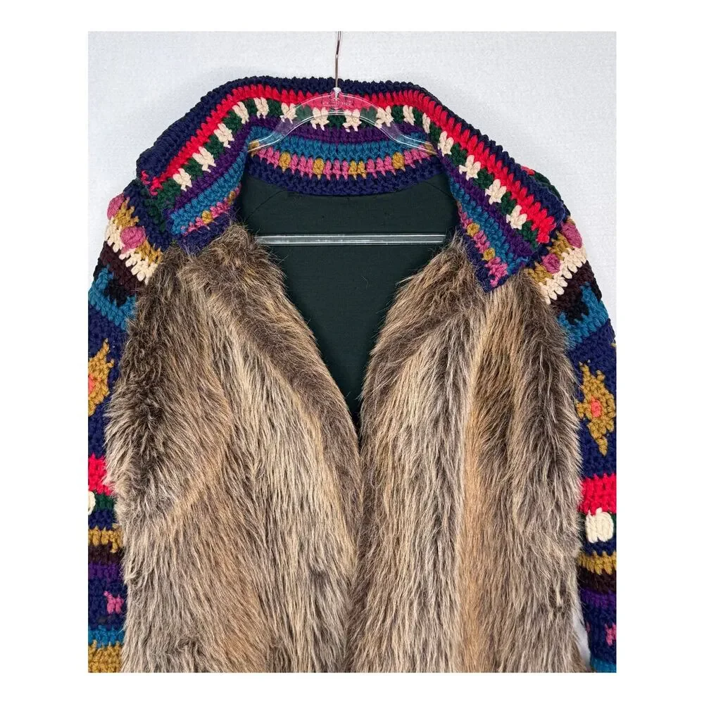 Handmade Upcycled Faux Fur Crochet Coat Boho Folk Art Festival Jacket Unisex M/L